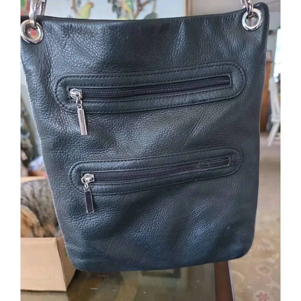 MARGOT CROSSBODY TRIPLE ZIPPER Soft LEATHER BAG BLACK Silver Swivel Strap